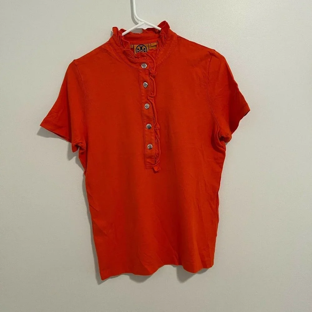 Tory Burch Orange Ruffle Polo Top